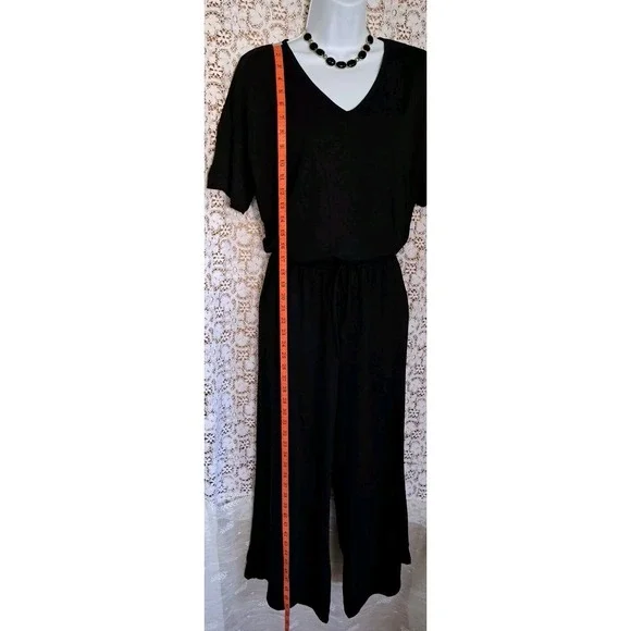 Women's Jumpsuit Lg Black Short Sleeve Casual V Neck Elastic Waist Wide Leg NWT - Picture 5 of 13